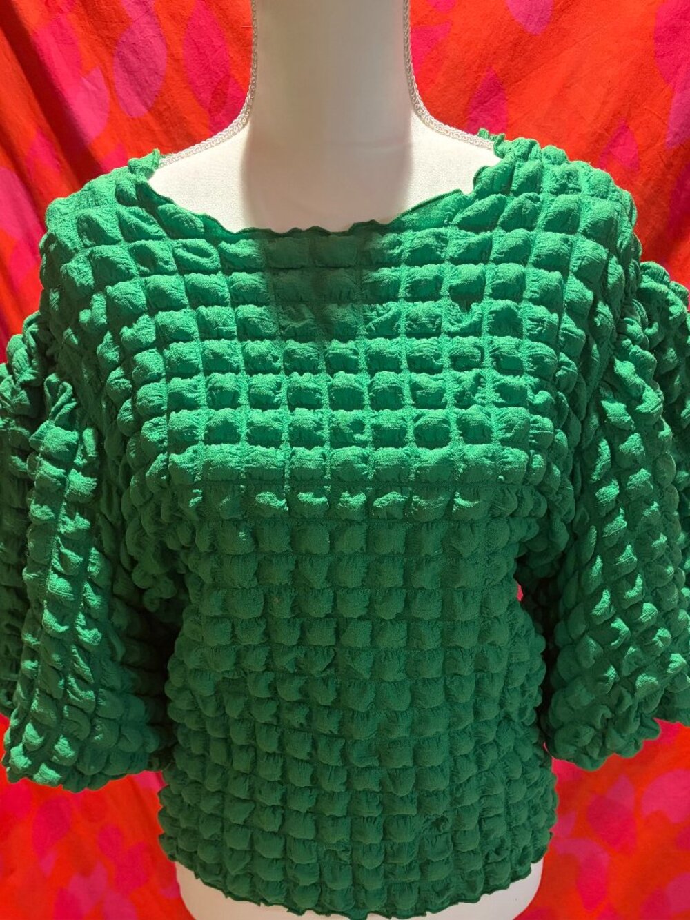 Blouson sleeves green textured blouse - large